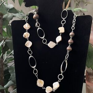 Elegant Silver Brown Beaded and Cream Pearl Necklace